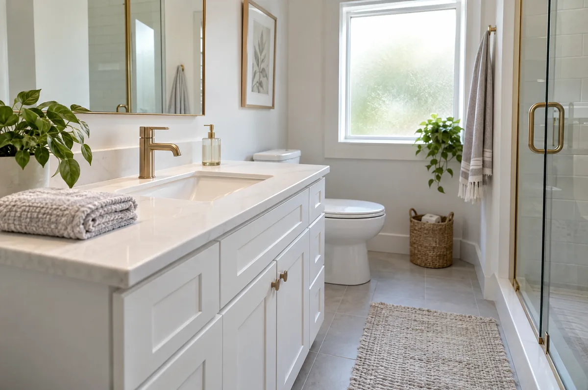 A clean bathroom vanity with a new brass faucet after the job is done.