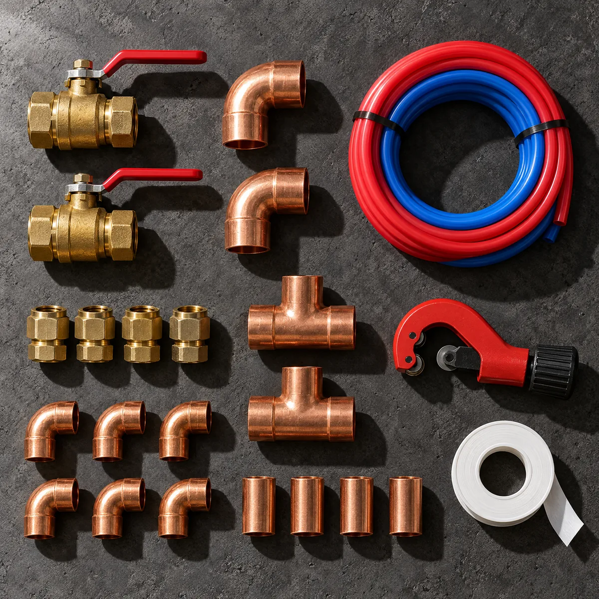 Brass valves, copper elbows and PEX tubing arranged in a grid on dark concrete.