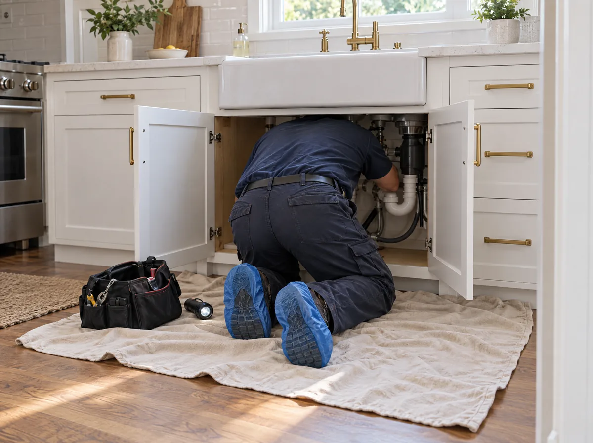 A plumber in shoe covers working at a kitchen sink cabinet over a drop cloth.