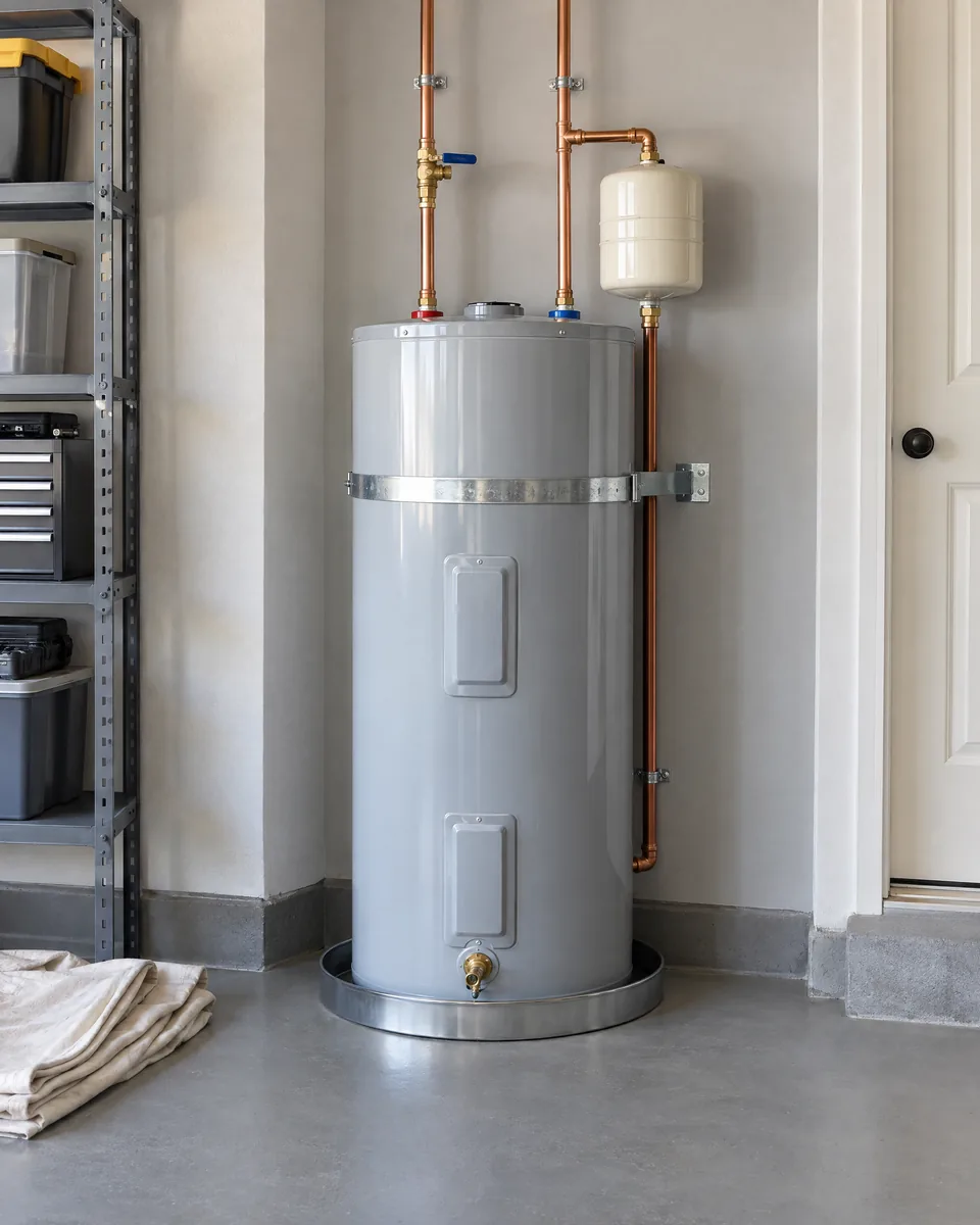 A newly installed water heater with neat copper lines in a clean garage corner.