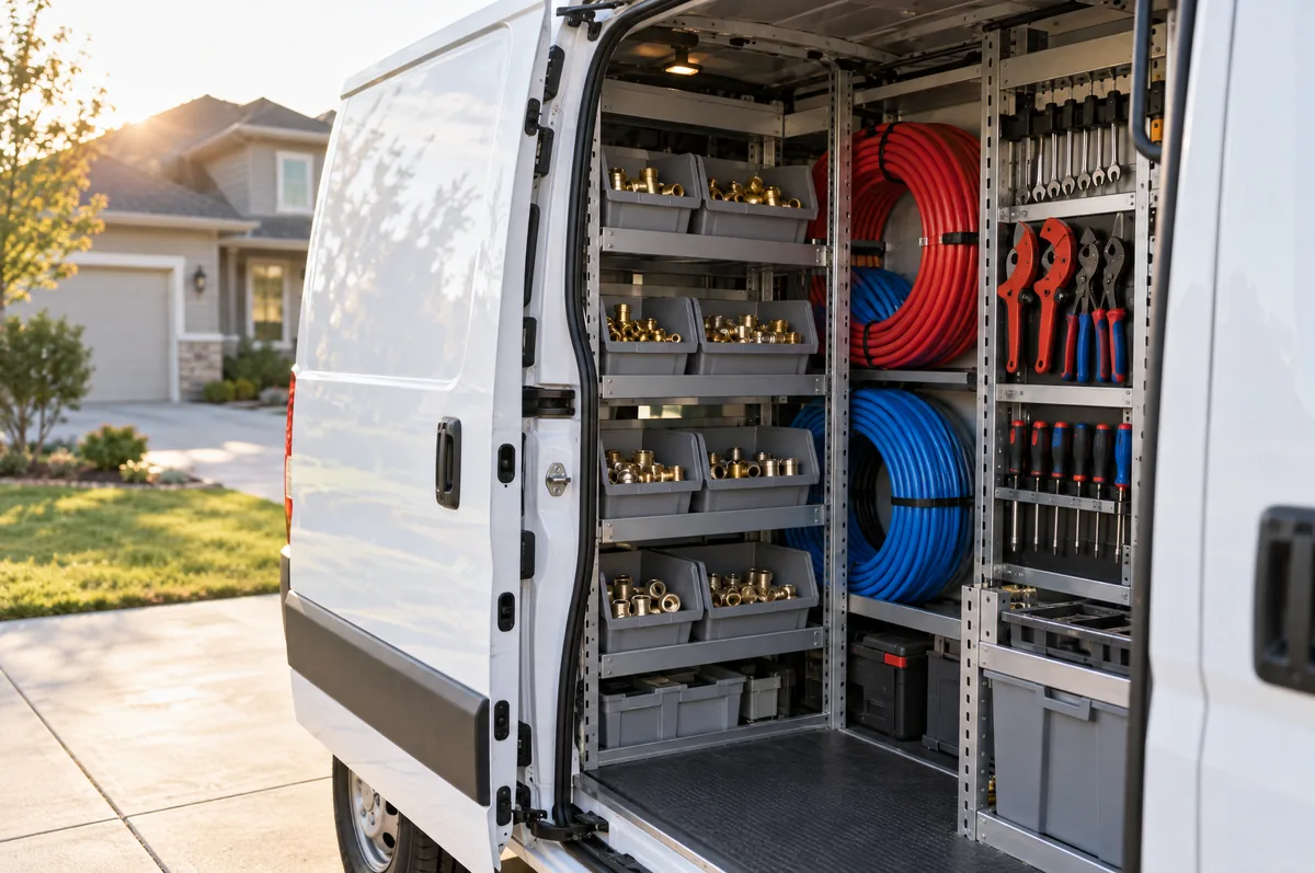 An organized plumbing work van with bins of fittings and racked tools.