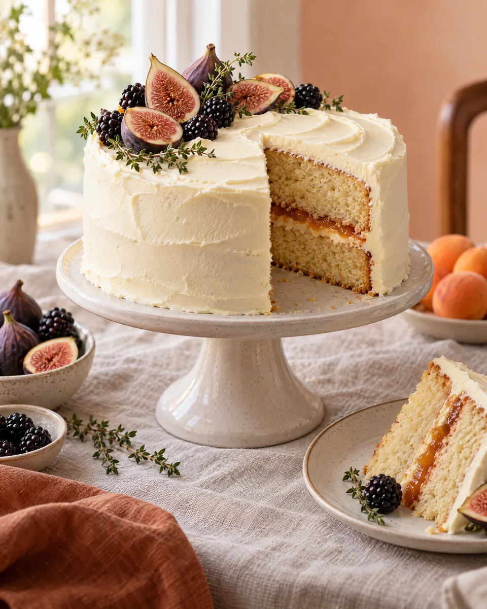 A buttercream layer cake topped with figs and blackberries on a ceramic stand.