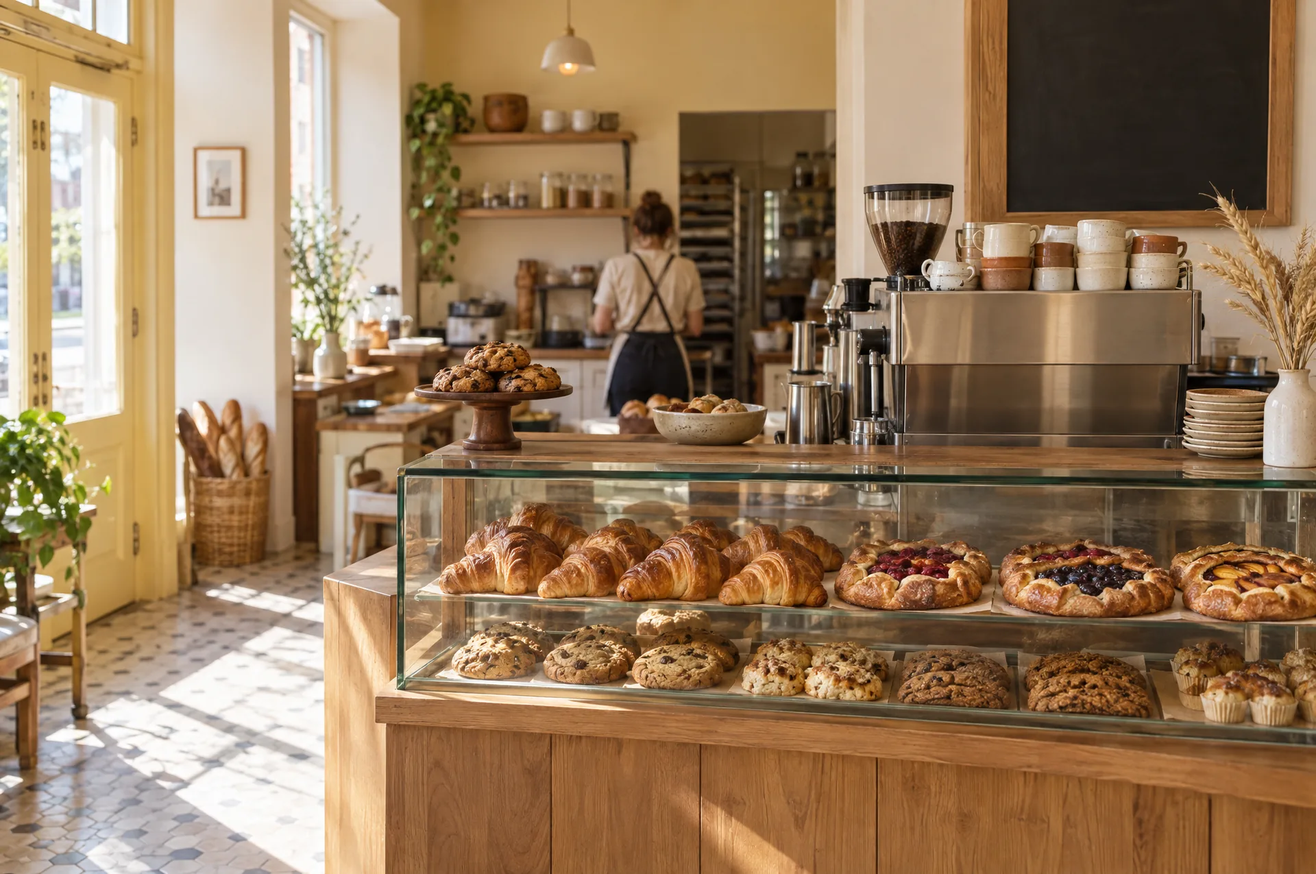 The bakery counter with a full pastry case and espresso machine in morning light.