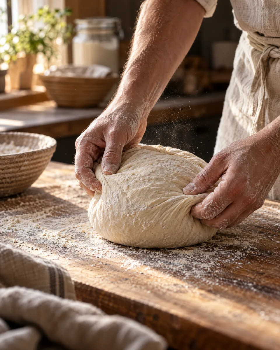 A baker's floured hands shaping a round of dough on a wooden bench.