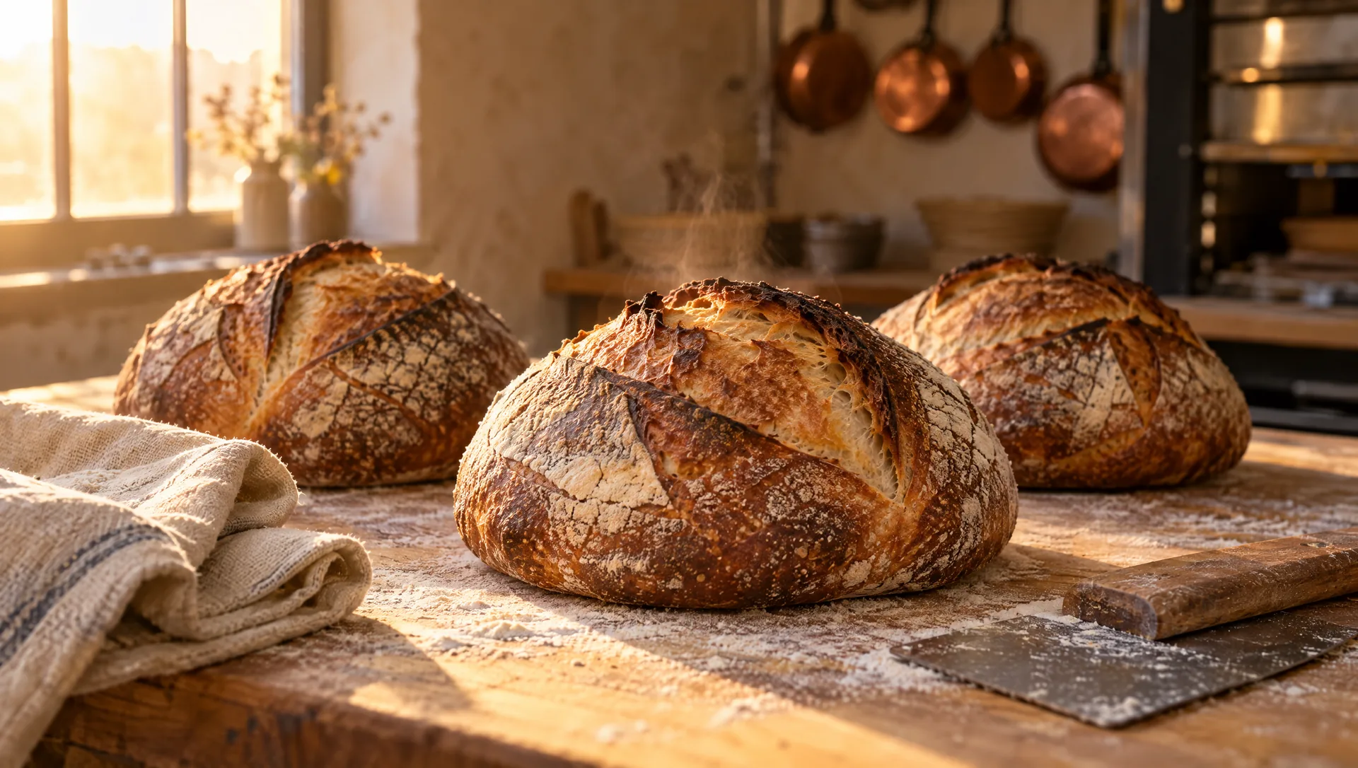 Three sourdough loaves with dark blistered crusts on a floured wooden bench in early morning light.