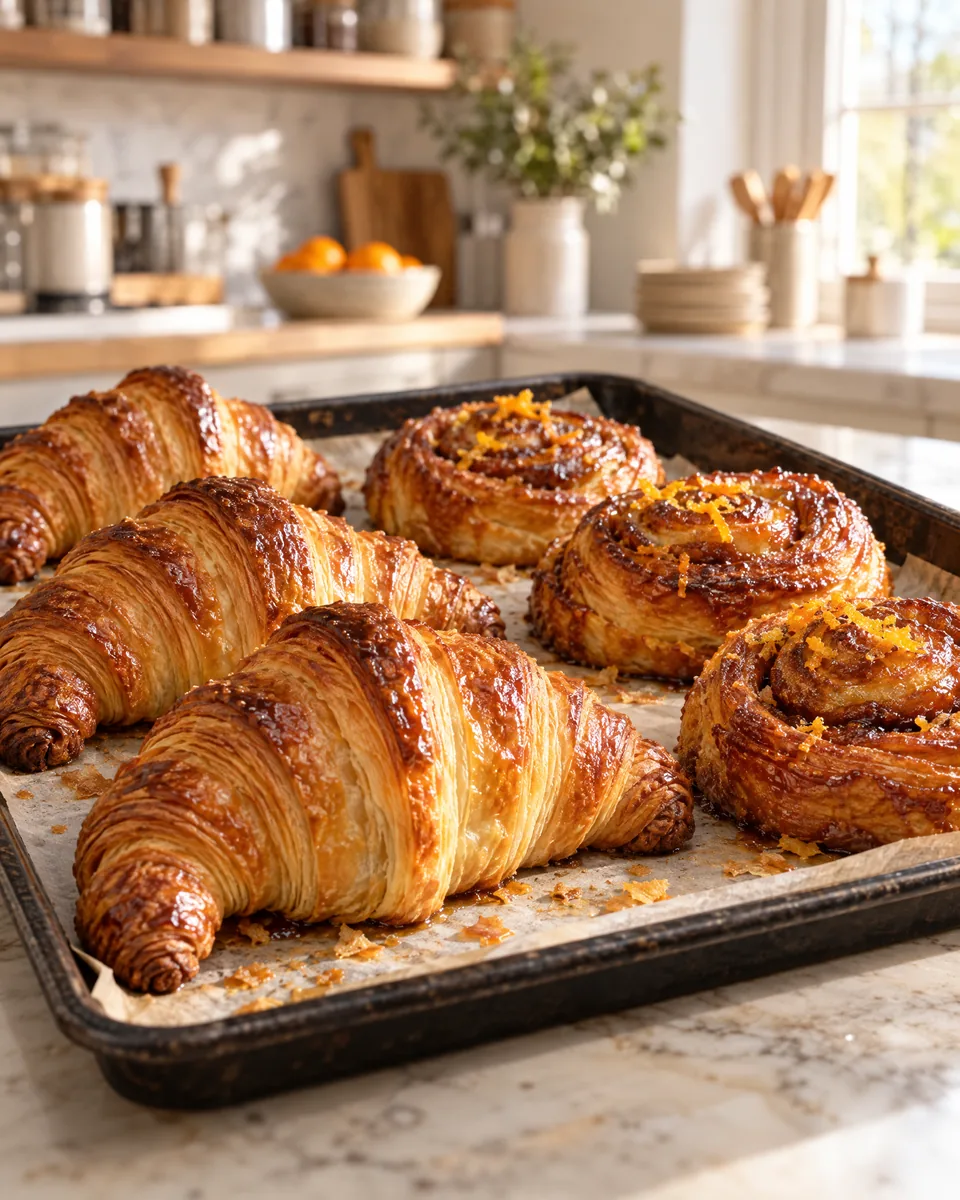 A tray of golden croissants and sugar-glazed morning buns fresh from the oven.