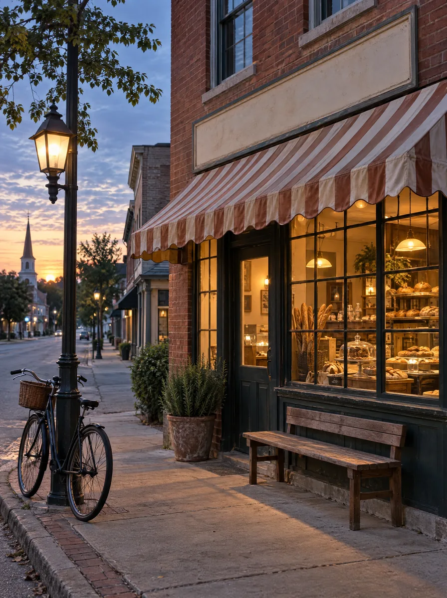 The bakery's brick storefront with a striped awning, lit from inside before sunrise.