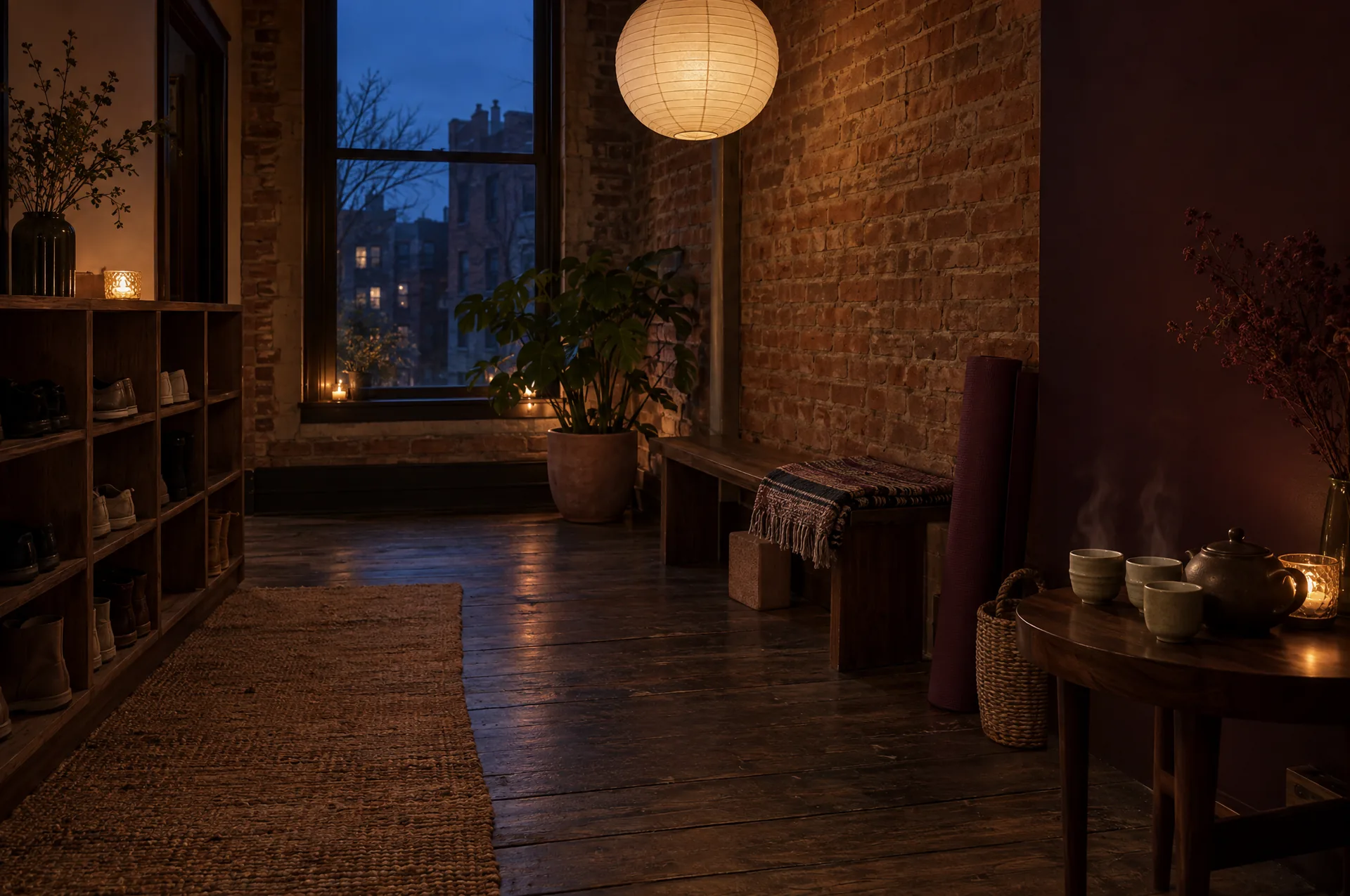 The studio’s front room at dusk: shoe cubbies, a wooden bench and a pot of tea under a paper lantern.