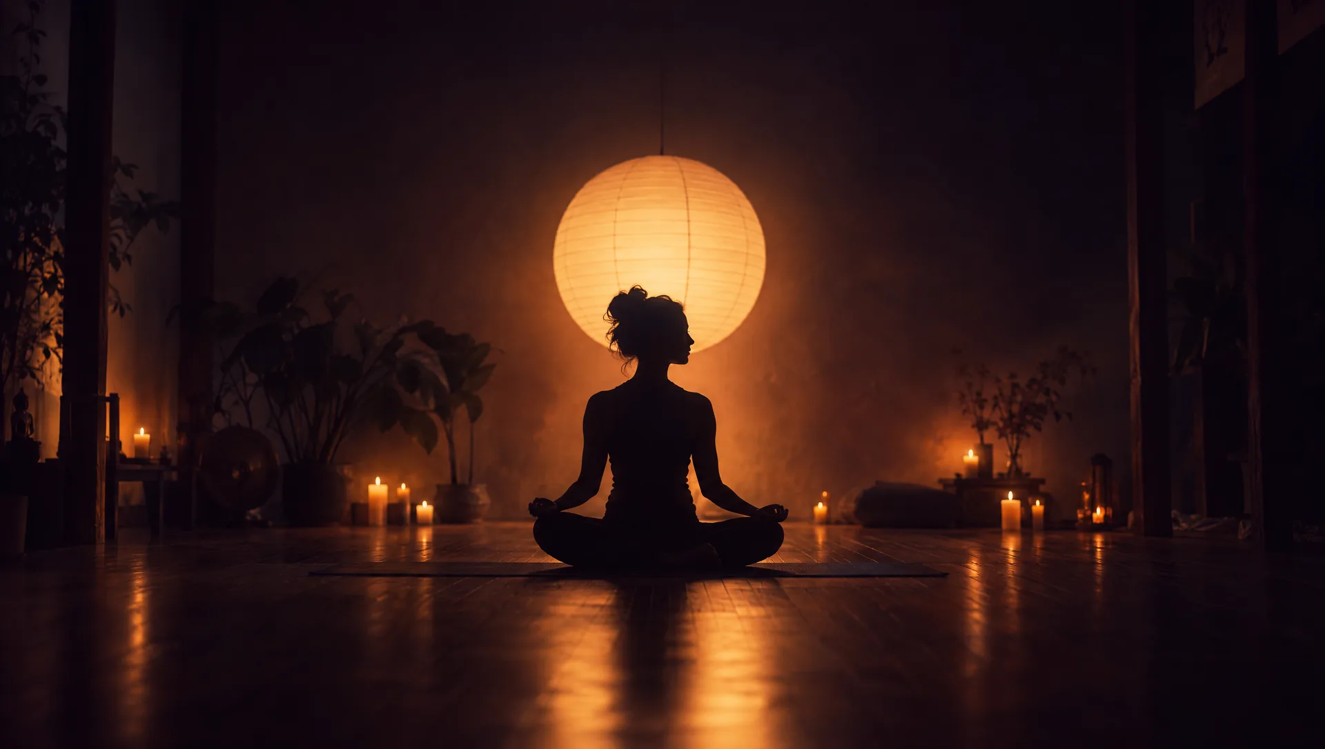A person’s silhouette sitting cross-legged in front of a glowing paper lantern in a dark studio.