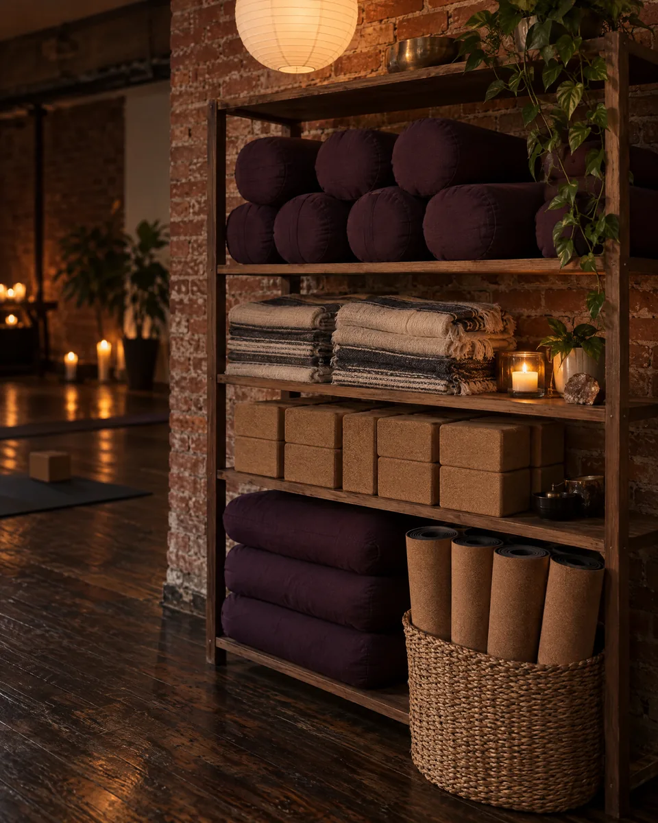 A wooden shelf against a brick wall stacked with plum bolsters, striped blankets, cork blocks and rolled mats.