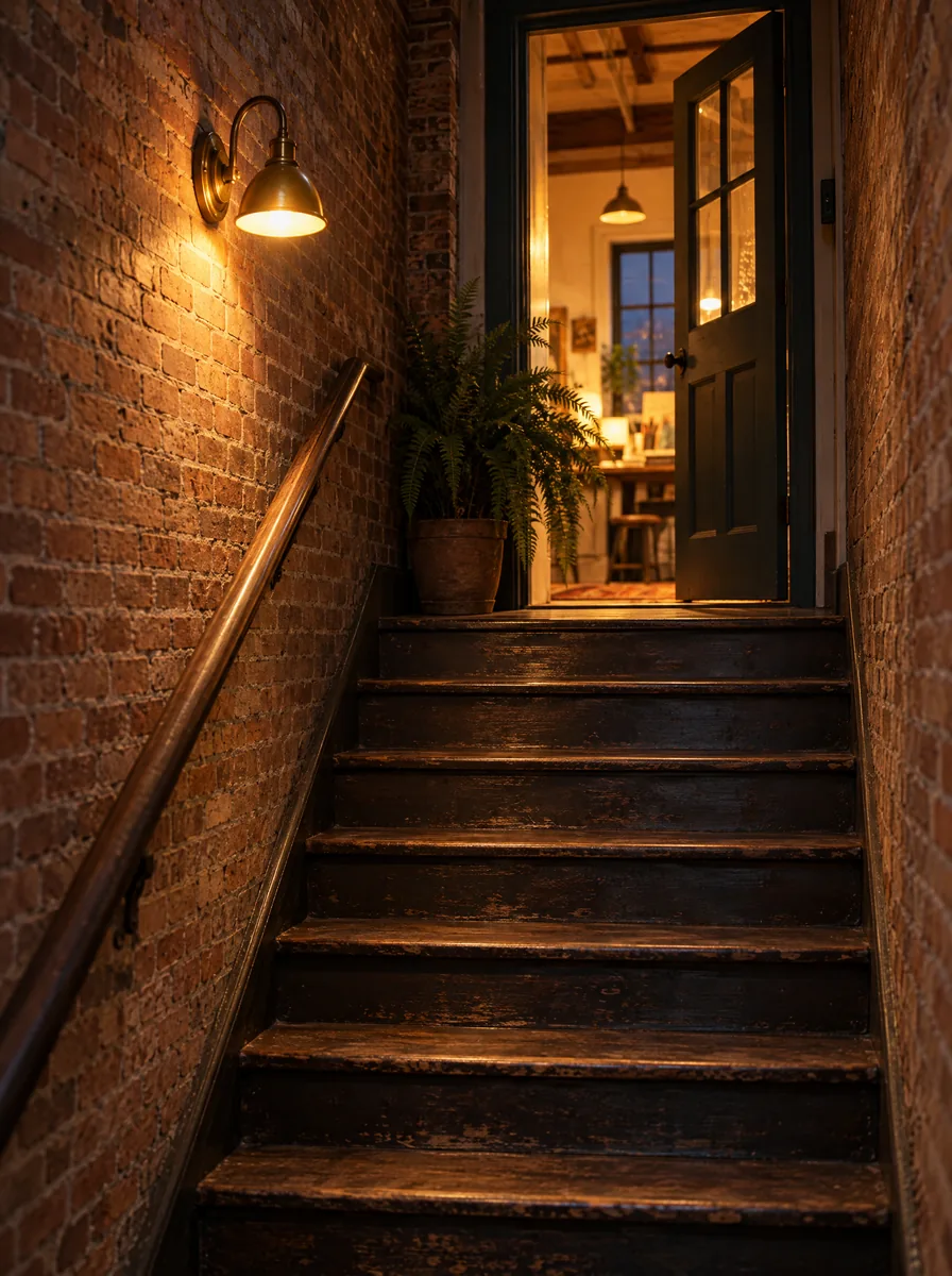A brick stairwell with a glowing sconce leading up to the studio door.