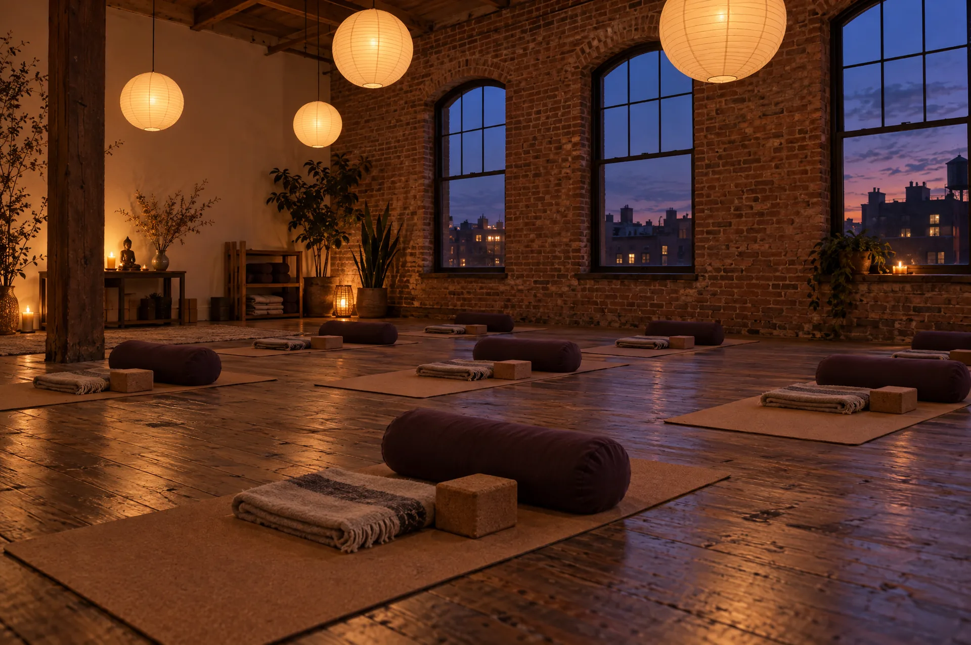The empty studio at dusk with mats set out under glowing paper lanterns.