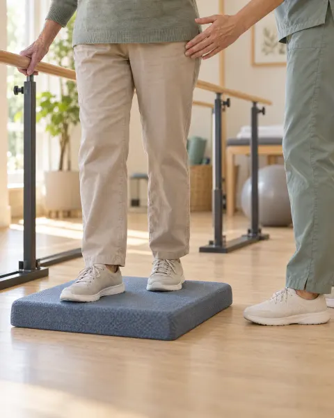 Feet balancing on a foam pad while a therapist’s hand hovers nearby for support.
