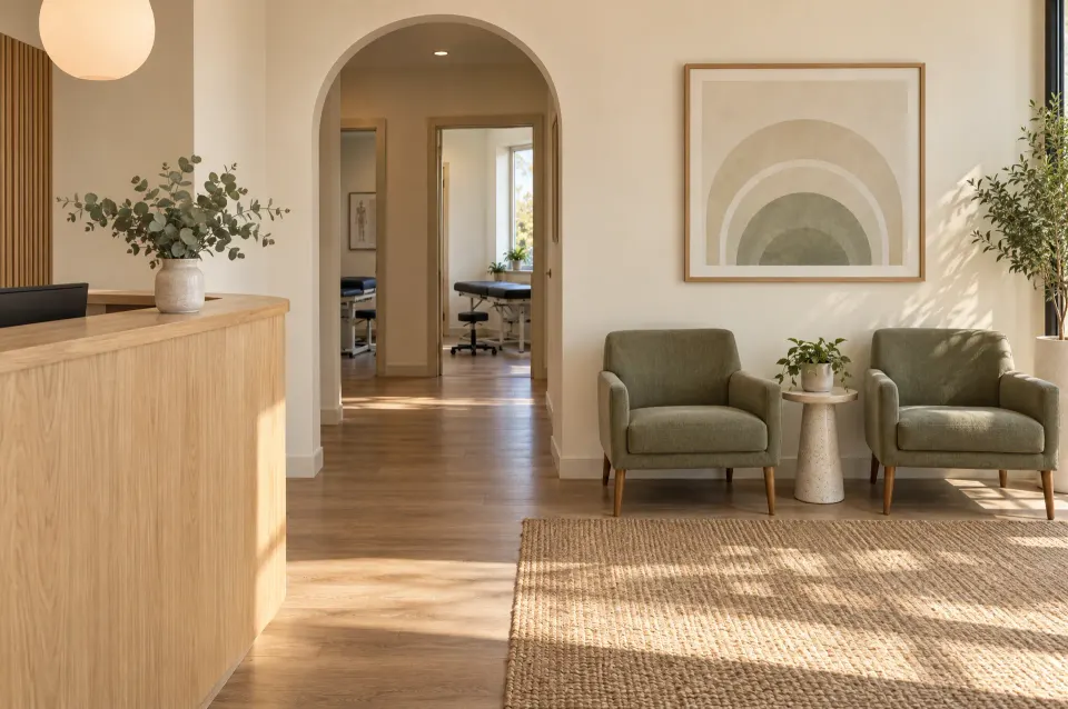 The clinic’s front desk and waiting chairs in soft afternoon light.