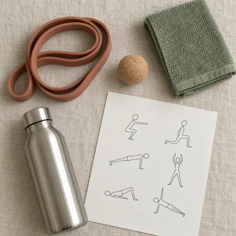 A home exercise kit on linen: resistance band, massage ball, towel and water bottle.