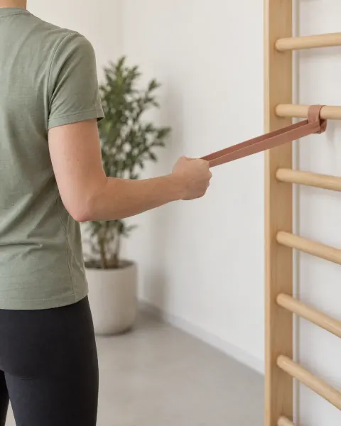 A patient seen from behind doing a shoulder exercise with a resistance band.