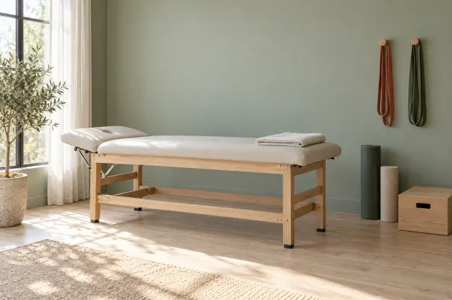 A quiet treatment room with a padded table, sage wall and exercise bands on wooden pegs.