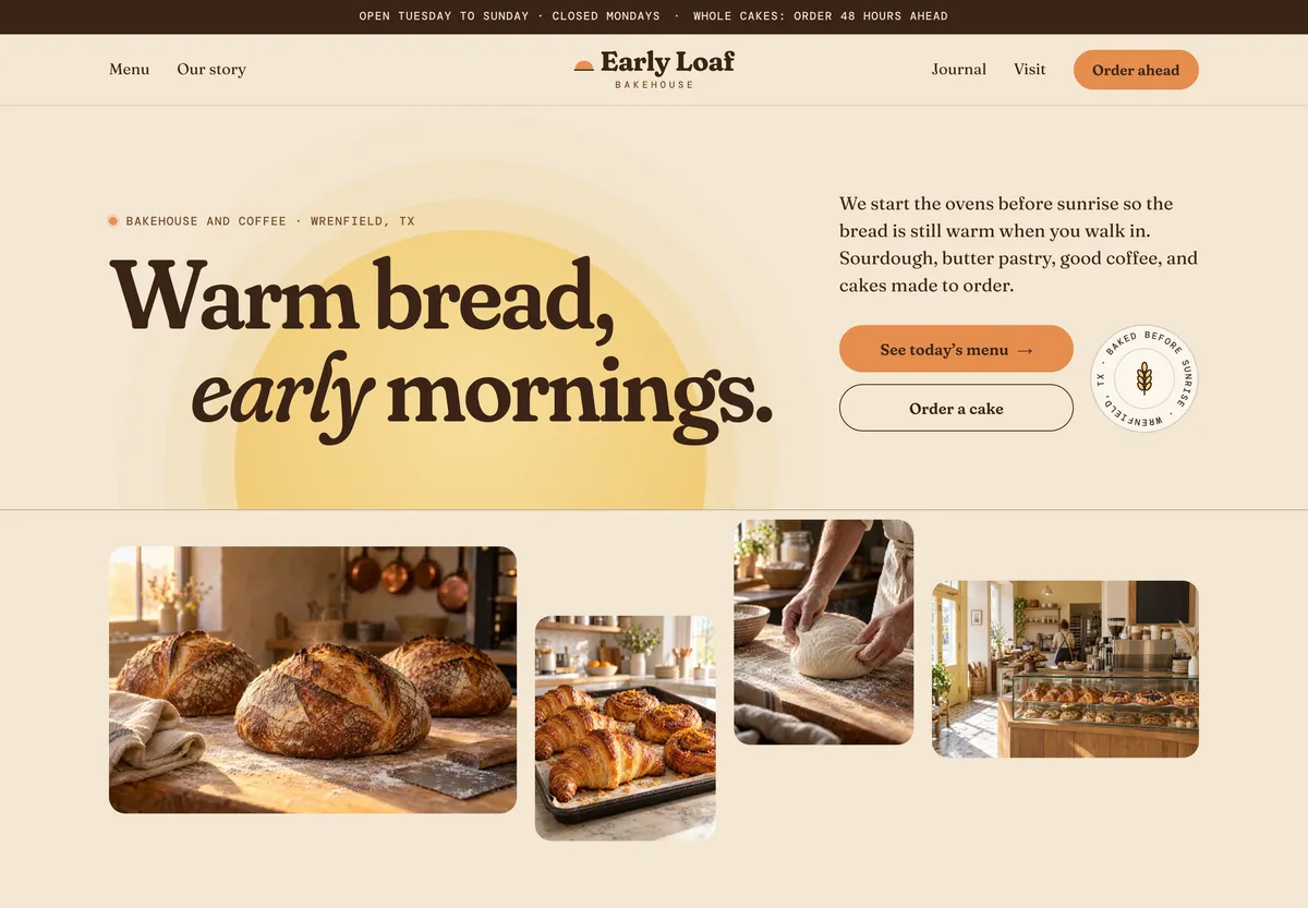Desktop-Ansicht der Demo Early Loaf Bakehouse: eine warme Überschrift, Schaltflächen zum Ansehen des Angebots oder zum Bestellen einer Torte und Fotos von frischem Brot und Gebäck.