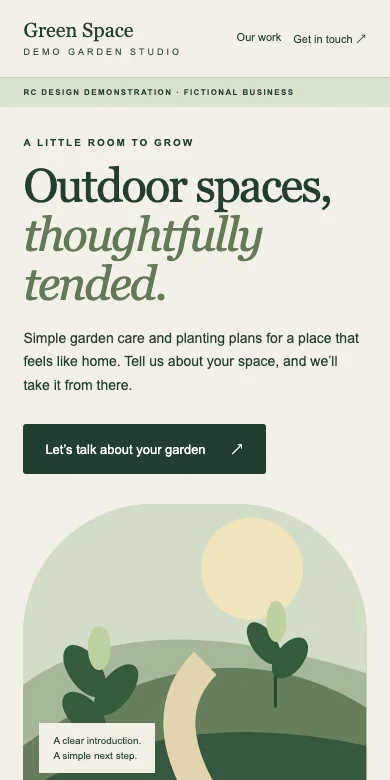 The same fictional garden-business demo arranged for a narrow mobile screen.