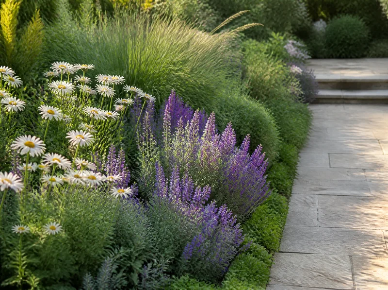 Replacement AI-generated illustrative photo of a flower border beside a stone path.
